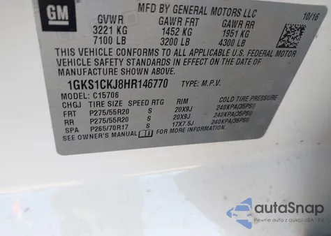 2017 GMC Yukon Denali z USA, uszkodzony, nr VIN 1GKS1CKJ8HR146770
